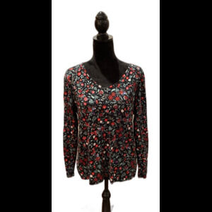 Croft & Barrow Blouse Size Large Top 100% Cotton V Neck Floral + Stretch Casual